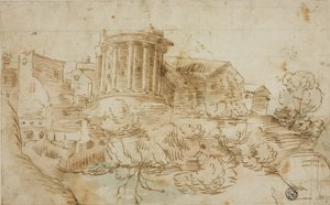 A Vesta-templom, Tivoli kilátása alkotó: Giovanni Francesco Grimaldi
