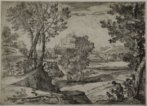 Nő, gyermeke és egy álló férfi egy tájban alkotó: Giovanni Francesco Grimaldi