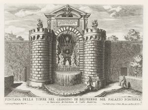 Fontein in de Vaticaanse tuinen Torony szökőkút a Belvedere kertben a pápai palotában (...) (cím a tárgyon) Szökőkutak a római palotákban és kertekben (sorozat címe) Fonteinen in de paleizen en tuinen van Rome (sorozat címe) alkotó: Giovanni Francesco Venturini