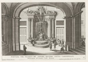 Fontein in de binnenplaats van het Palazzo Massimo di Rignano te Rome Szökőkút a Palazzo dei Signori Massimiban a Campidoglio alatt (cím a tárgyon) Szökőkutak a római palotákban és kertekben (sorozat címe) Fonteinen in de paleizen en tuinen van Rome (komol alkotó: Giovanni Francesco Venturini