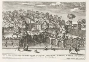 Fontein a Villa Doria Pamphilj te Rómában Kilátás a szökőkutakra a kertszínház jobb oldalán (...) (cím a tárgyon) Szökőkutak a római palotákban és kertekben (sorozat címe) Fonteinen in de paleizen en tuinen van Rome (sorozat alkotó: Giovanni Francesco Venturini