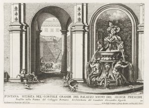 Fontein in een binnenplaats van het Palazzo Doria Pamphilj te Rome Szökőkút a Palazzo Nuovo del Signor prencipe nagy udvarában (...) (cím a tárgyon) Szökőkutak a római palotákban és kertekben (sorozat címe) Fonteinen in de paleizen en tu alkotó: Giovanni Francesco Venturini