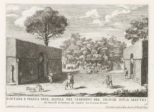 Fontein találkozott Adelaar-ral a római Villa Celimontana tuinen városában Szökőkút és Piazza del Aquila a Signor Duke Mattei kertjében (...) (cím a tárgyon) Szökőkutak a római palotákban és kertekben (sorozat címe) Fonteinen in de paleizen en tuinen van R alkotó: Giovanni Francesco Venturini