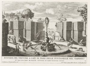 Fontein találkozott tritonnal a római Villa Celimontana tuinen Triton szökőkút a kerti szökőkutak sugárútjának fejében (...) (cím a tárgyon) Szökőkutak a római palotákban és kertekben (sorozat címe) Fonteinen in de paleizen en tuinen van alkotó: Giovanni Francesco Venturini