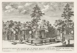 Fontein van Narcissus a Villa Borghese Rómában Nárcisz-kút Borghese herceg úr kertjében (...) (cím a tárgyon) Szökőkutak a római palotákban és kertekben (sorozat címe) Fonteinen in de paleizen en tuinen van Rome (sorozat címe) alkotó: Giovanni Francesco Venturini
