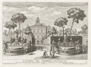 Fonteinen in de tuinen van de Villa Montalto Negroni Rómában Szökőkút a Montalto kertben (...) (cím a tárgyon) Szökőkutak a római palotákban és kertekben (sorozat címe) Fonteinen in de paleizen en tuinen van Rome (sorozat címe) alkotó: Giovanni Francesco Venturini