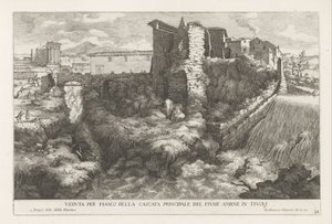 Landschap met waterval en tempel van de Tiburtijnse Sibille te Tivoli Oldalnézetből az Aniene folyó fő vízesése Tivoliban (cím a tárgyon) A tivoli Este kert szökőkútjai (sorozat címe) Fonteinen in de tuinen van Villa d