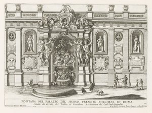 Nymphaeum in de binnenplaats van het Palazzo Borghese te Róma Szökőkút Signor prencipe Borghese palotájában Rómában (...) (cím a tárgyon) Szökőkutak a római palotákban és kertekben (sorozat címe) Fonteinen in de paleizen en tuinen van Rome (sorozat
