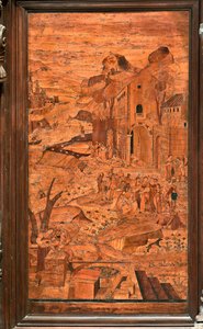Genova, Dóm (Szent Lőrinc-székesegyház), belül, apszis, kórus, északi oldal: "Mózes megmentve a vízből", fa intarzia Giovanni Francesco Zambelli (XVI. század) alkotó: Giovanni Francesco Zambelli