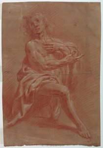 Rajz, Térdelő ember, a Pásztorok imádása című képhez, 1601-1650 alkotó: Giovanni Giacomo Barbelli