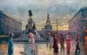 Milánó / Milan: Largo Cairoli és Monum, Garibaldi (színes litográfia)