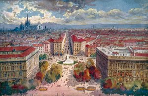 Milano / Milánó: Panoráma a várból (színes litográfia)