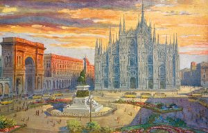 Milano / Milánó: Piazza del Duomo (színes litho)