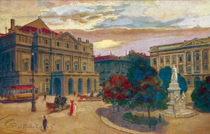 Milano / Milánó: Piazza és Teatro della Scala (színes litográfia)