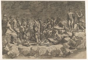 Az Istenek Gyülekezete a mennyezeti kompozíció után a Loggia di Psiche-ben, Villa Farnesina..., 1527. alkotó: Giovanni Jacopo Caraglio