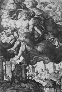 Ixion megpróbálja elcsábítani Junót, felhőkkel körülvéve, alatta romokkal, kb. 1520-39.