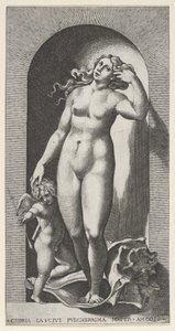 10. tábla: Vénusz fülkében, kagylóhéjon állva, jobbjában Ámorral, egy ser...-ből, 1526. alkotó: Giovanni Jacopo Caraglio
