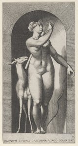 12. tábla: Diana egy fülkében áll, balra fordul, és egy nyilat húz ki a qu..., 1526. alkotó: Giovanni Jacopo Caraglio