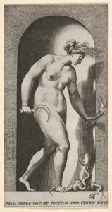 14. tábla: Ceres egy fülkében, jobbra néz, egy kétfejű kígyó fölött áll és egy h...-t tart, 1526. alkotó: Giovanni Jacopo Caraglio