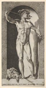 14. tábla: Mercury egy fülkében áll és pipáit játszik, egy régi m... levágott fejével, 1526. alkotó: Giovanni Jacopo Caraglio