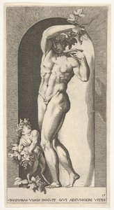 17. tábla: Bacchus egy fülkében áll, tányér fölött szőlőt tart, infa... kíséretében, 1526. alkotó: Giovanni Jacopo Caraglio
