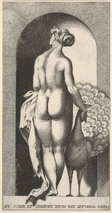 4. tábla: Juno egy fülkében áll, hátulról nézve, jobbra egy pávát simogat, fr..., 1526.