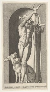 7. tábla: Plútó fülkében, kezében bident, mellette Cerberus, a m... sorozatból, 1526. alkotó: Giovanni Jacopo Caraglio