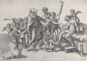 Sándor és Roxana házassága, Sándor puttival körülvéve, koronát felajánlva t..., 1520-39. alkotó: Giovanni Jacopo Caraglio