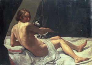 Fiatal férfi egy ágyon fekve macskával, 1620
