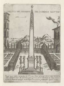 Obeliszk Ciriaco Mattei-ben Obeliszk S ciriaco Mattei kertjében (cím a tárgyon) Moderne en antieke monumenten en bouwwerken in Rome (sorozat címe) Róma almaváros ókori és modern épületeinek díszei (sorozat címe) alkotó: Giovanni Maggi