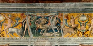 Apolló nyilakkal megöli a Niobideseket, Niobe fiát, Giovanni Maria Falconettónak (1468-1534) tulajdonított fríz részlete 1520-ban Mantua környékén, Palazzo d