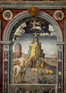 A zodiákus jele: "A Nyilas" A felső medalionokon Didius Julianus és Commodus császárok portréi. Alul a jelnek megfelelő csillagkép születéséhez kapcsolódó legenda: a Helikon-hegy látványa az Aganippe és a szökőkutakkal.