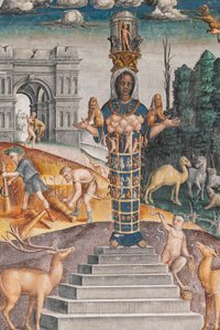 Oroszlán asztrológiai jegye Dianával, két szarvassal és egy szatírral, mint egy szarkofágon a Bleinhaim-palotában; a háttérben a római Arco degli Argentari és a nemeai oroszlán ellen küzdő Herkules, a Zodiákus kamra (Camera dello Zodiaco), részlet