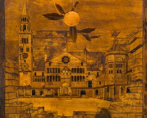 Lignaean Kanonikus Kórus, Giovanni Maria Platina intarzia 1484, Felső Stall, Piazza del Duomo Cremonában