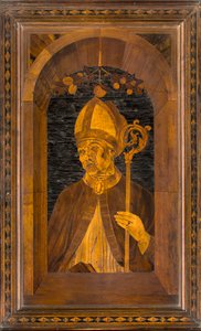 Lignaean Canonical Choir, intarzia: Giovanni Maria Platina 1484, Upper Stall, Sant