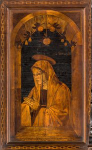 Lignaean Kanonikus Kórus, Giovanni Maria Platina intarzia 1484, Superior Stall