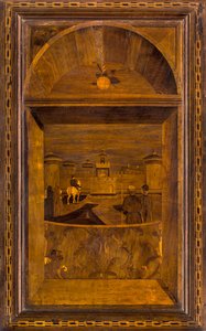 Lignaean Kanonikus Kórus, Giovanni Maria Platina intarzia 1484, Superior Stallo, Kilátás a milánói Sforzesco-kastélyra