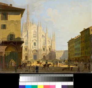 A milánói Piazza Duomo látképe, Olaszország (Dóm tér Milánóban) Giovanni Migliara (1785-1837) festménye 1828 Magángyűjtemény