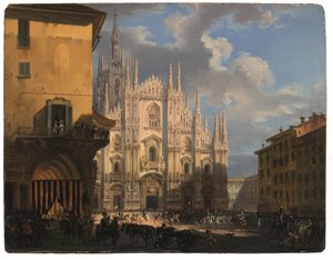 Kilátás a Piazza Duomo-ra a fedett dei Figinivel és az Isolate del Rebecchino-val, Milánó (olaj, panel)