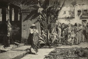 Magdolna, nő turbános körmenettel a közel-keleti faluban, Cantagalli fivérek metszetei Giovanni Muzzioli (1854-1894) festményéből, Modena, Olaszország, L