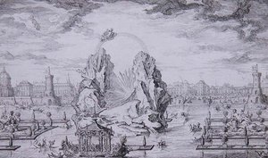 Tűzijáték a Dauphin (XV. Lajos fia) születésének megünneplésére Jean Dumont (Le Romain) metszete (1701-81) 1730 (rézkarc) alkotó: Giovanni Niccolo (after) Servandoni