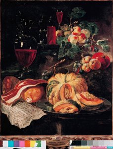 Csendélet Sütőtök, szalonna, sonka, őszibarack és bor. Giovan Paolo Castelli dit Lo Spadino (1659-1730) festménye 1703 Róma, Conservatori capitolini Múzeum alkotó: Giovanni Paolo Castelli