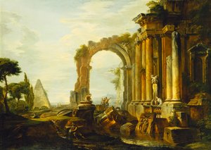 Klasszikus romok capriccioja Cestius piramisával és alakokkal a tájban, alkotó: Giovanni Paolo Pannini