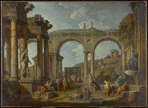 Római romok capriccioja Konstantin ívével, 1755 körül alkotó: Giovanni Paolo Pannini