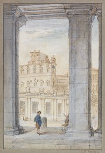 Kilátás a Szent Péter térre Bernini oszlopai alatt, a Sixtus-kápolnára és a pápai palotára túl; Kilátás a Szent Péter térre a Bernini-oszlopok aljáról, a Sixtus-kápolnáról és azon túl a Pápai Palotáról, alkotó: Giovanni Paolo Pannini
