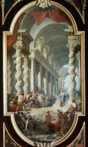 Jézus megkövezése a templomban, Giovanni Paolo Panini (1691-1765) festménye, La Granja palota, Segovia, Spanyolország. alkotó: Giovanni Paolo Pannini