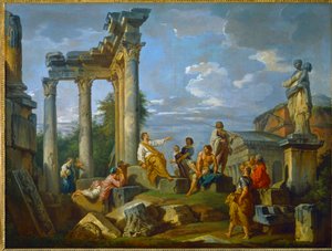 Ragadozó a romok közepén Rómában gazdagított számok, a Pantheon és a szobor a Flora ... (festmény, vászon)
