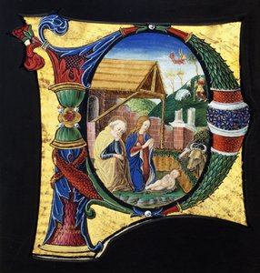 Egy nagy történetírásos "P" kezdőbetű, amely egy betlehemet ábrázol, 1490 körül alkotó: Giovanni Pietro Medici Da Crema