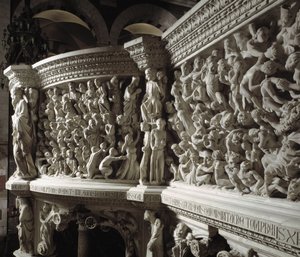 Giovanni Pisano (1248-1314) által megvalósított szék részlete: Krisztus-bíró a választottak és az elátkozottak között (Részlet a márvány szószék domborműveiről, a Krisztus a választottak és az elkárhozott lelkek között) 1302-1311 Pisai katedrális (Duomo di alkotó: Giovanni Pisano