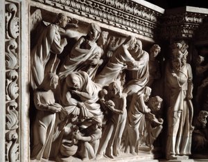 Részlet a Giovanni Pisano (1248-1314) által megvalósított szék domborműveiről: Keresztelő János angyali üdvözlete, látogatása és születése (A márvány szószék domborműveinek részlete, az angyali üdvözlet, a látogatás és Keresztelő Szent János születése) 130 alkotó: Giovanni Pisano